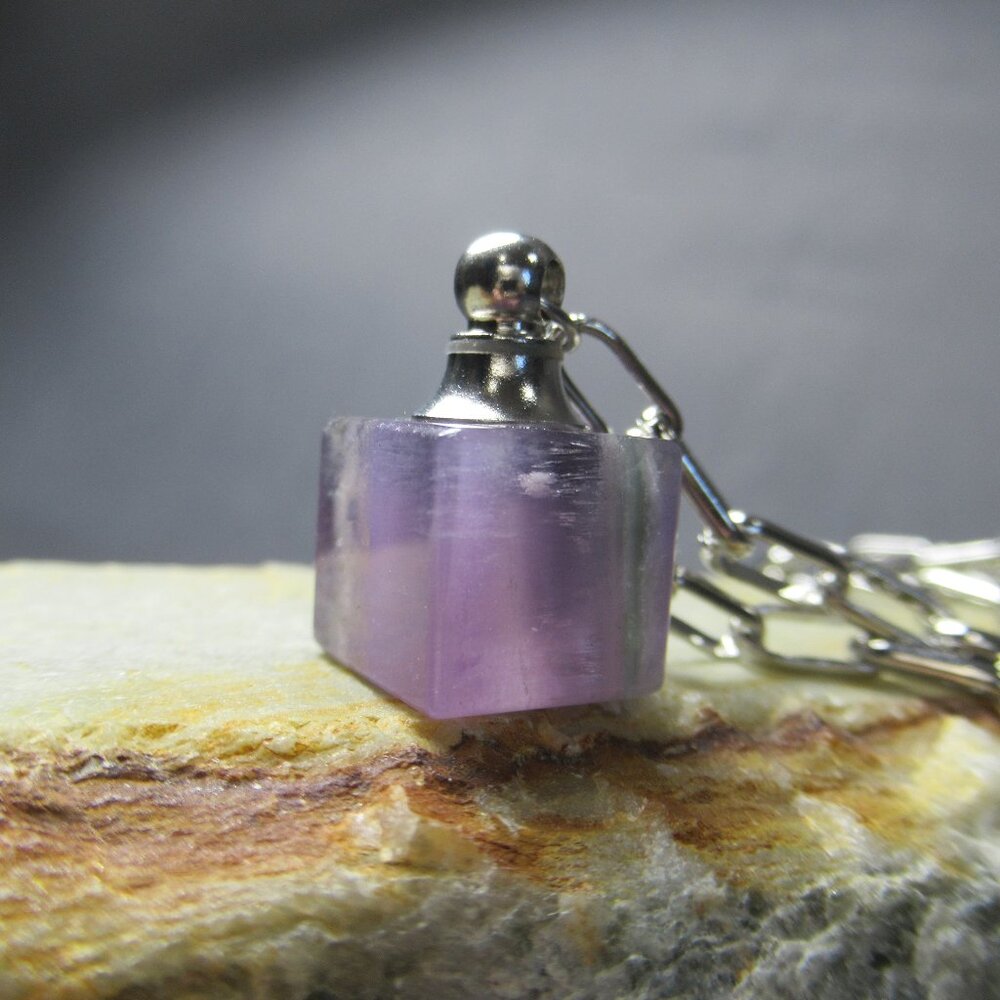 Cube Amethyst Necklace, Gemstone Perfume Bottle Pendant